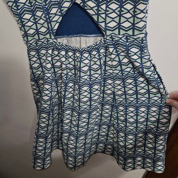 Anthropologie Maeve Green Blue Geometric Fit and Flare Cutout Mini Dress Size 12 - Picture 5 of 8